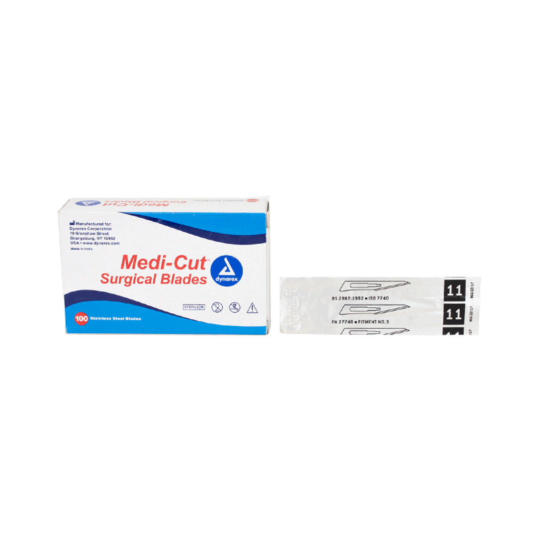 A box of Dynarex Medi-Cut Surgical Blades - Sterile is displayed next to two individually wrapped blades labeled #11. The box contains 100 premium-quality sterile blades for medical use.